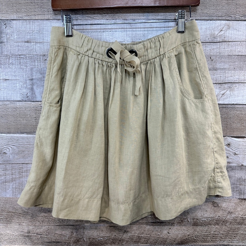 J.Crew Womens Khaki Tan 100% Linen Drawstring Mini Skirt Pleated Pockets Size 2